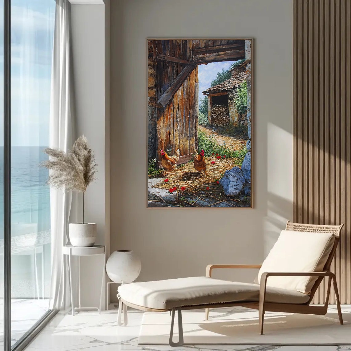 Chickens At The Barn Door Rustic Farmhouse Oil Painting Poster - Image 4