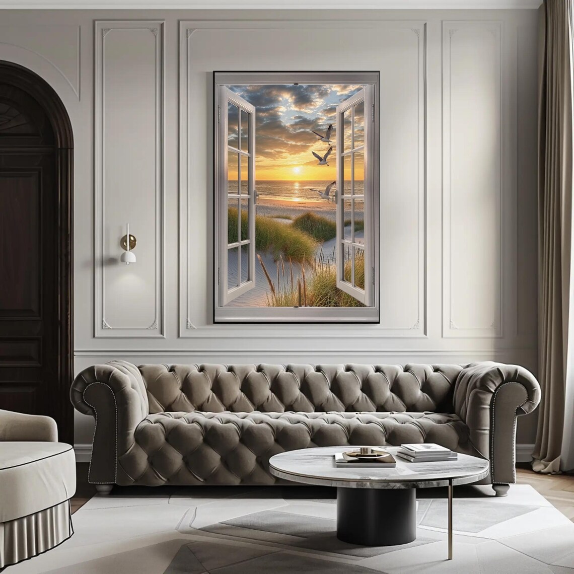 Sandy Beach With Seagulls, Faux Window Art Print - Image 5