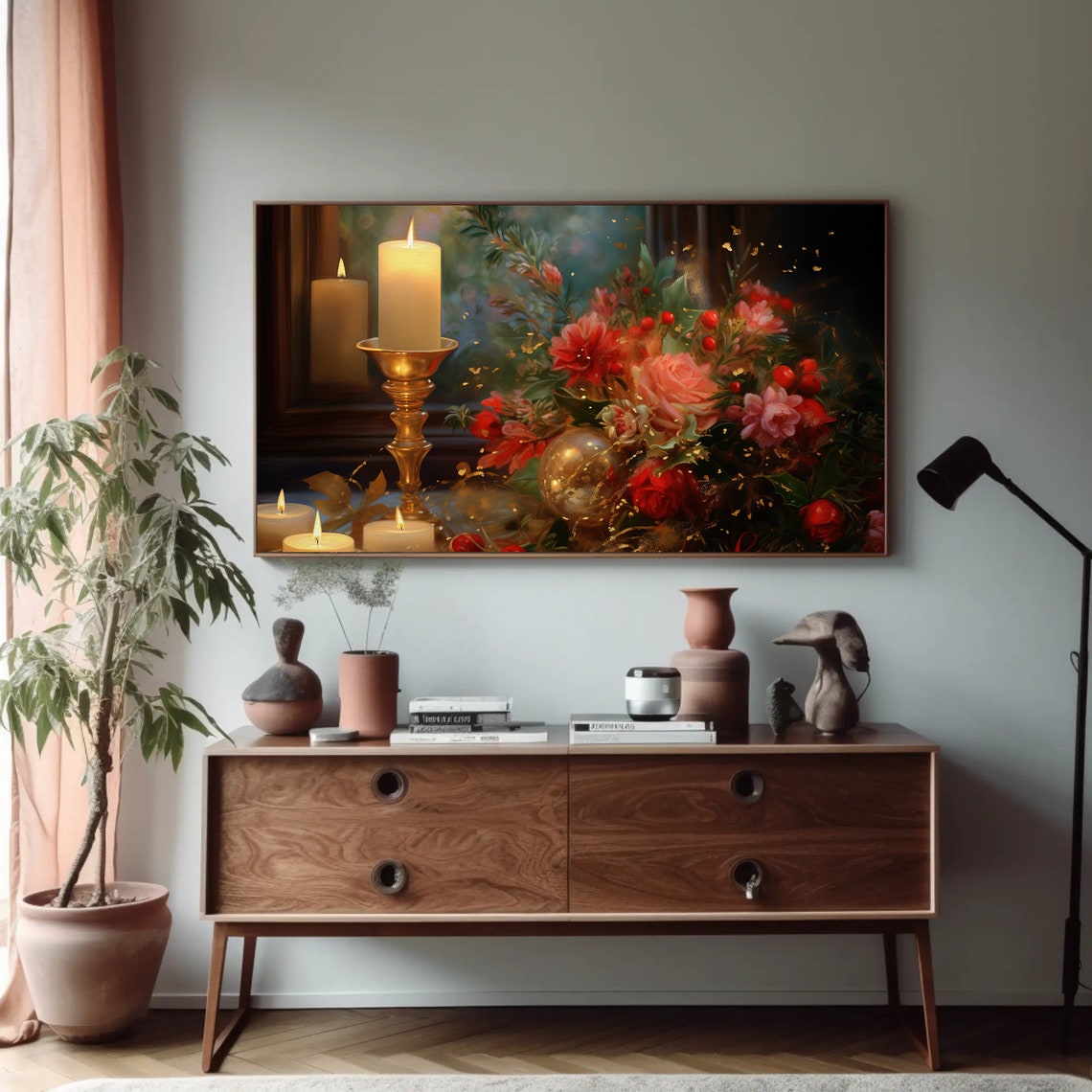 Christmas Candle and Red Rose Bouquet Festive Still Life Poster - Image 5