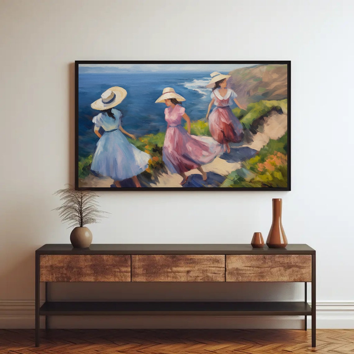 Three Women in Flowing Summer Dresses on Coastal Cliff Path Poster - Image 2