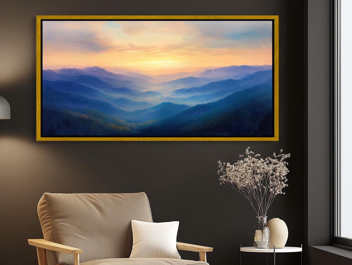 Blue Smoky Mountain Landscape Painting At Dusk Print Serene Nature Wall Art Rustic Mountain Decor Scenic Evening Artwork - Image 3