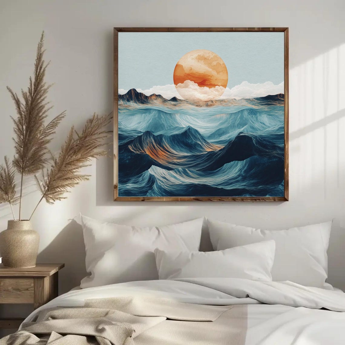 Rolling Teal Ocean Waves Beneath Giant Orange Sun Dreamy Poster - Image 2