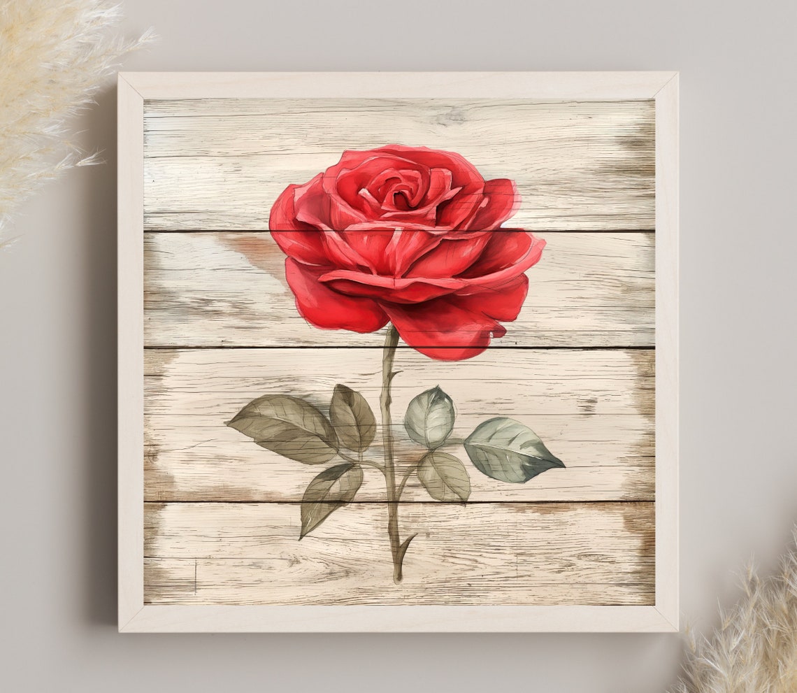 Single Red Rose Bloom On Whitewashed Wood Botanical Wall Print - Image 2