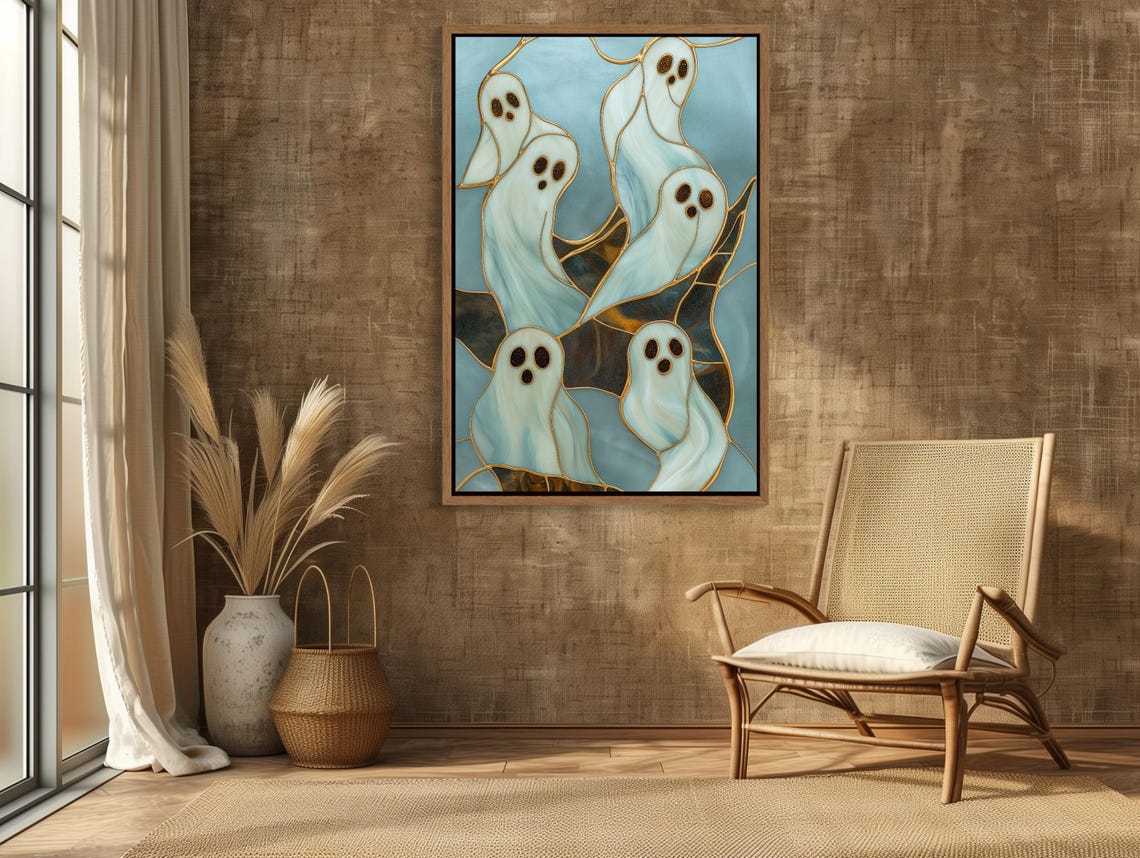 Cute Stained Glass Ghosts With Gold Halloween Spooky Art Poster - Image 3