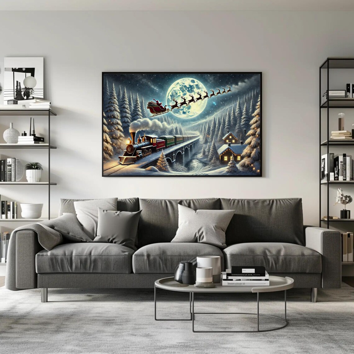 Santa's Sleigh and Christmas Train Holiday Art Print - Image 5
