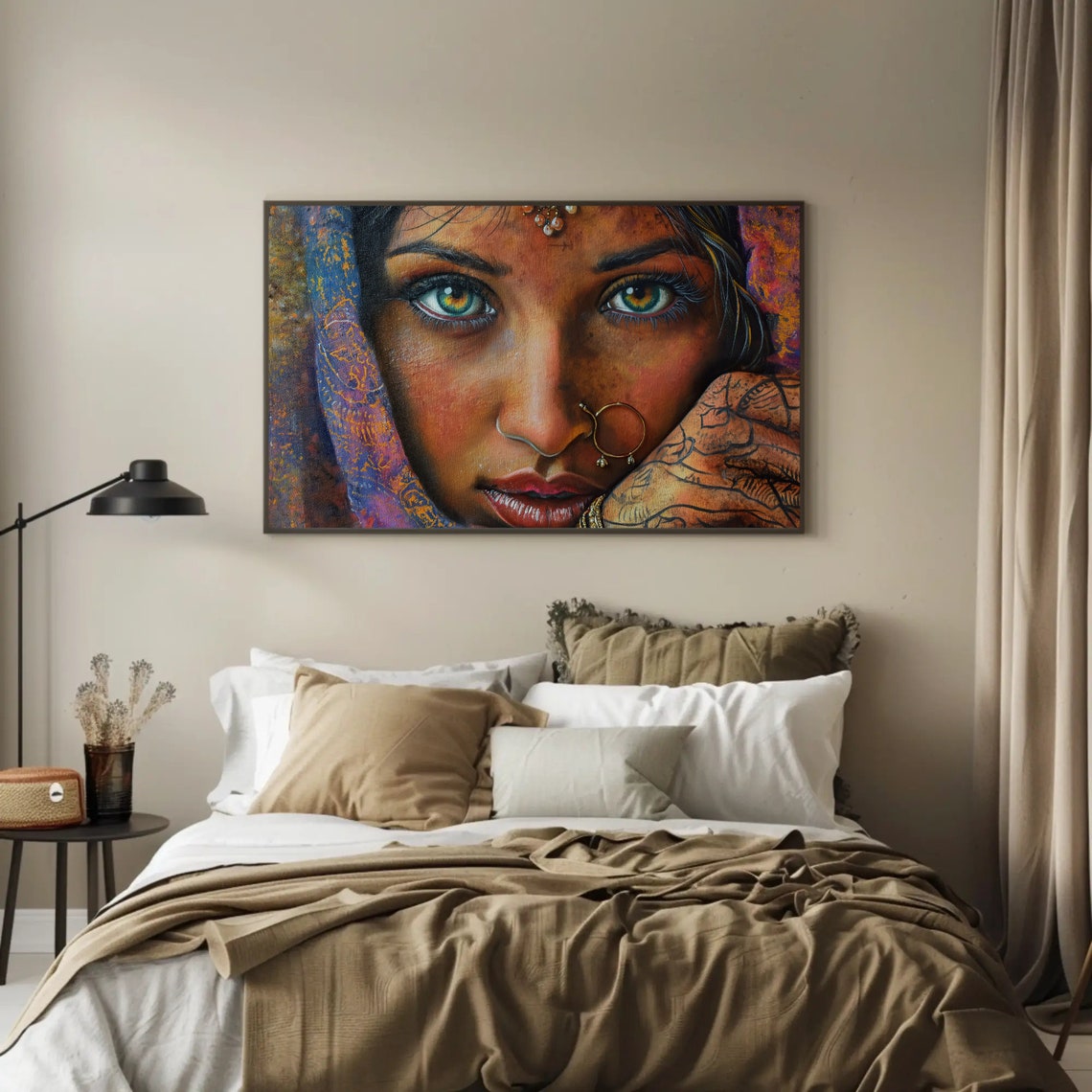 Enchanting Green Eyes Indian Girl Painting Framed Print Bohemian And Cultural Decor Ready To Hang For Living Room Or Bedroom - Image 2