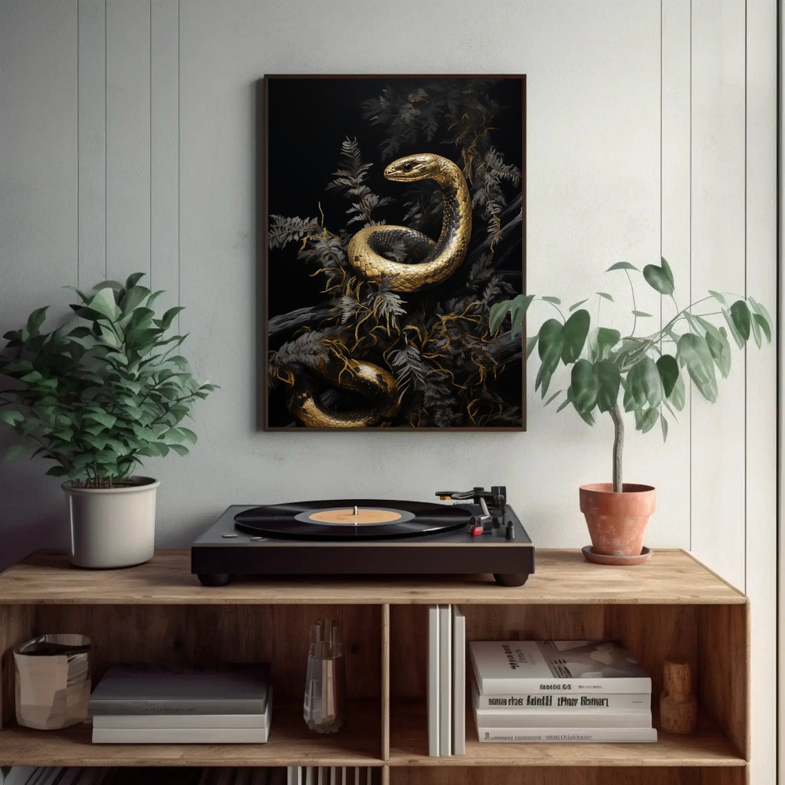 Golden Snake Coiled in Dark Ferns Dramatic Wildlife Art Poster - Image 4