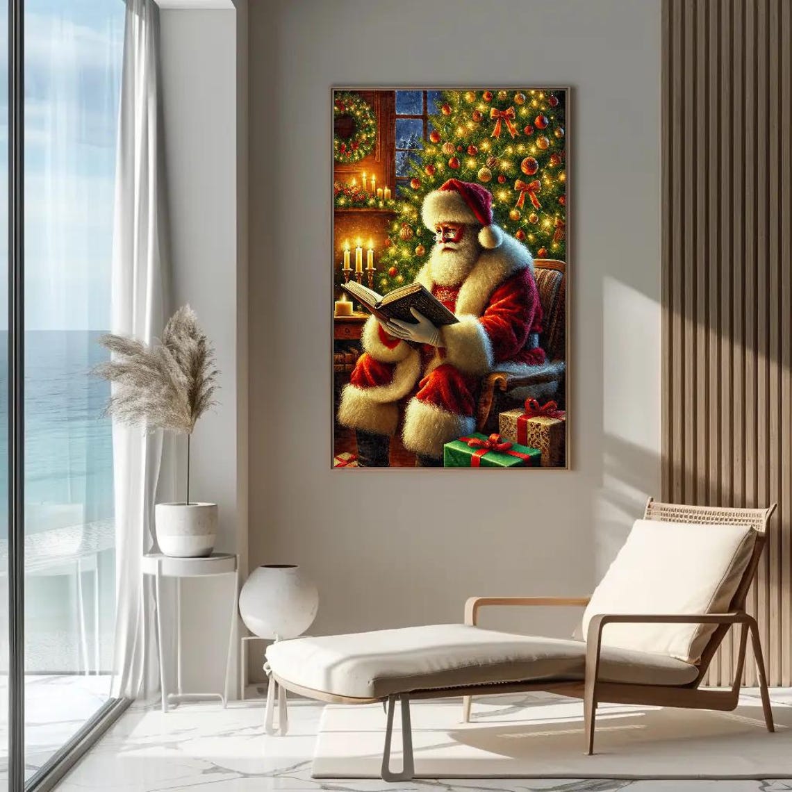 Santa Claus Reading By The Christmas Tree In Firelight Glow Poster - Image 4