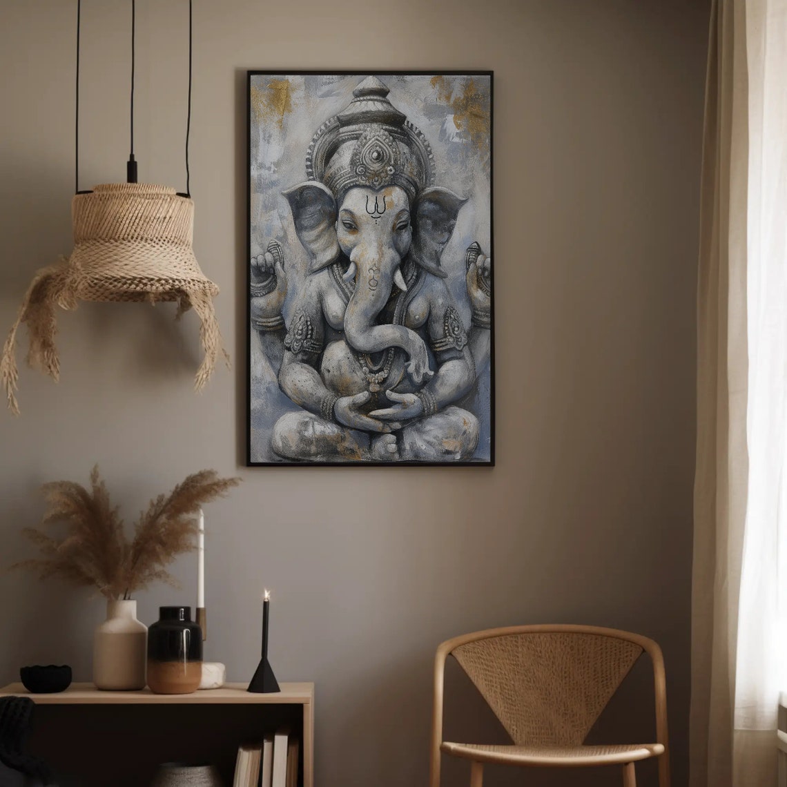 Lord Ganesha Seated Grey Gold Stone Statue Sacred Spiritual Poster - Image 4
