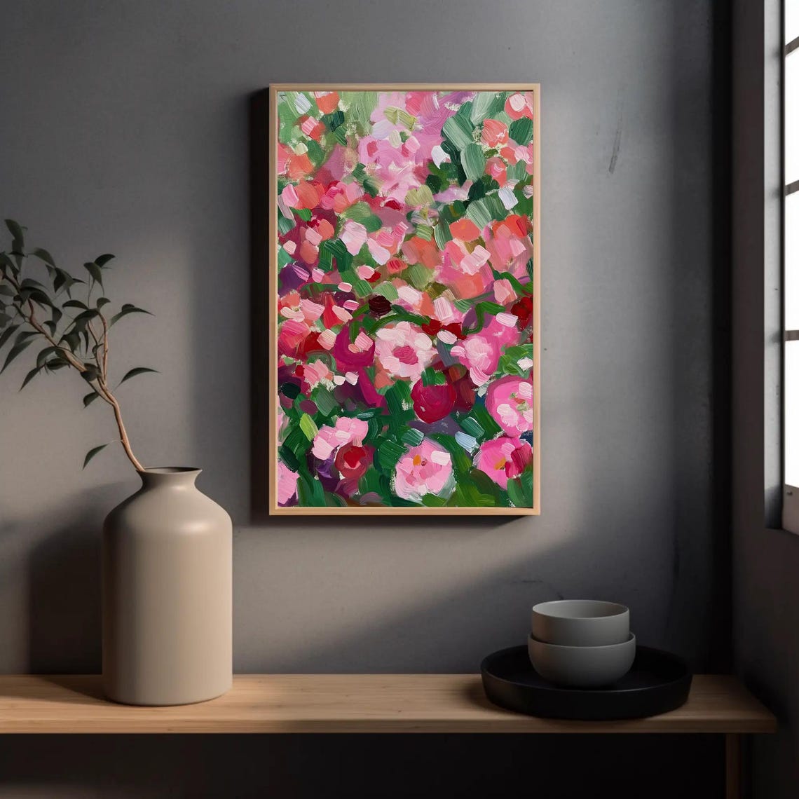 Pink Roses Abstract Impasto Garden Floral Brushwork Painting Wall Art - Image 2