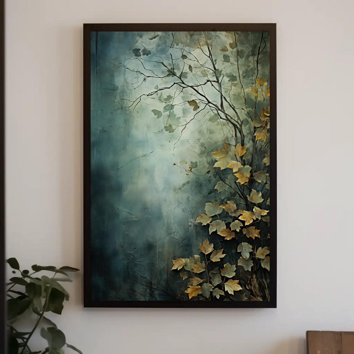 Abstract Golden Branches In Teal Fog Moody Nature Art Poster