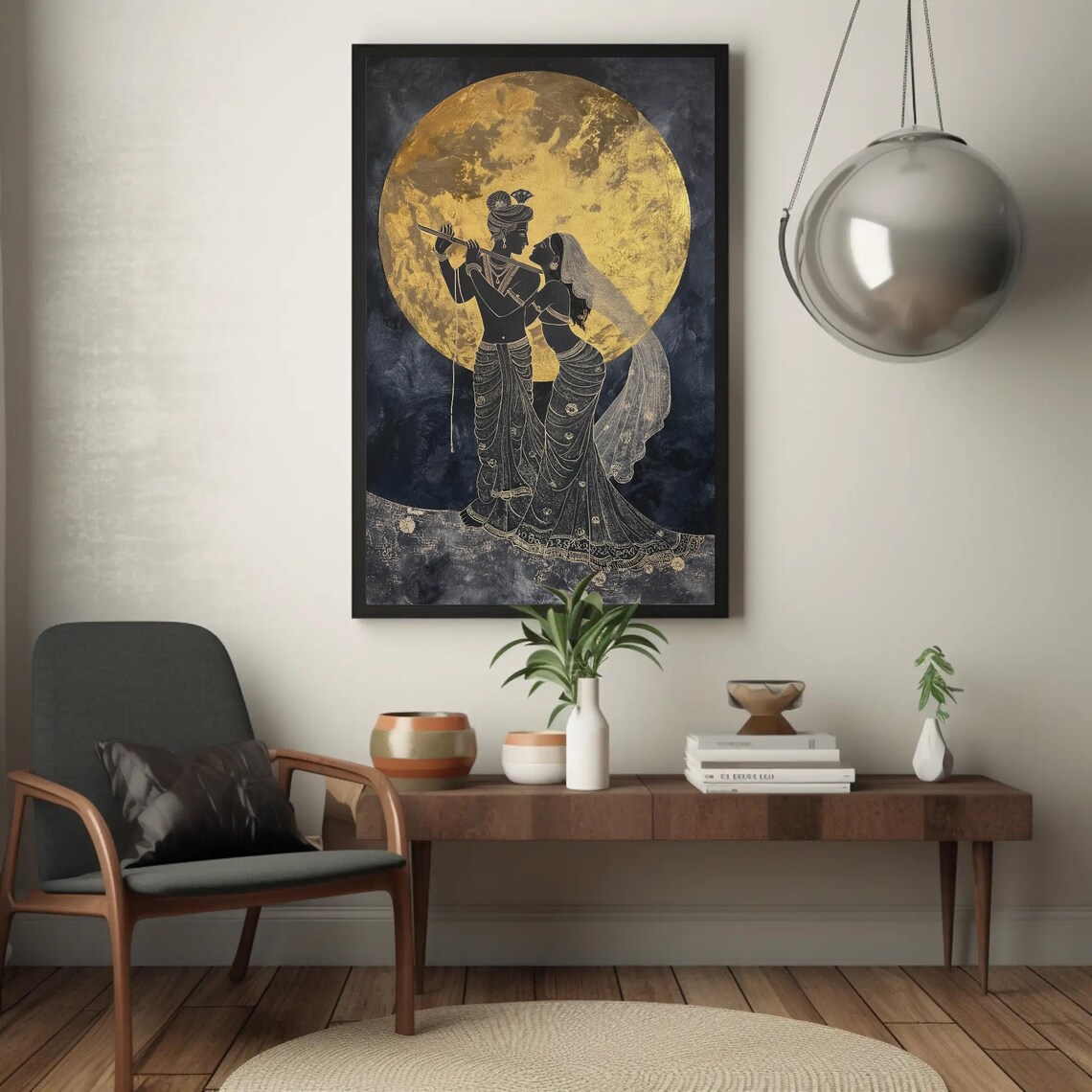 Radha Krishna Under Golden Moon Art Print - Image 5