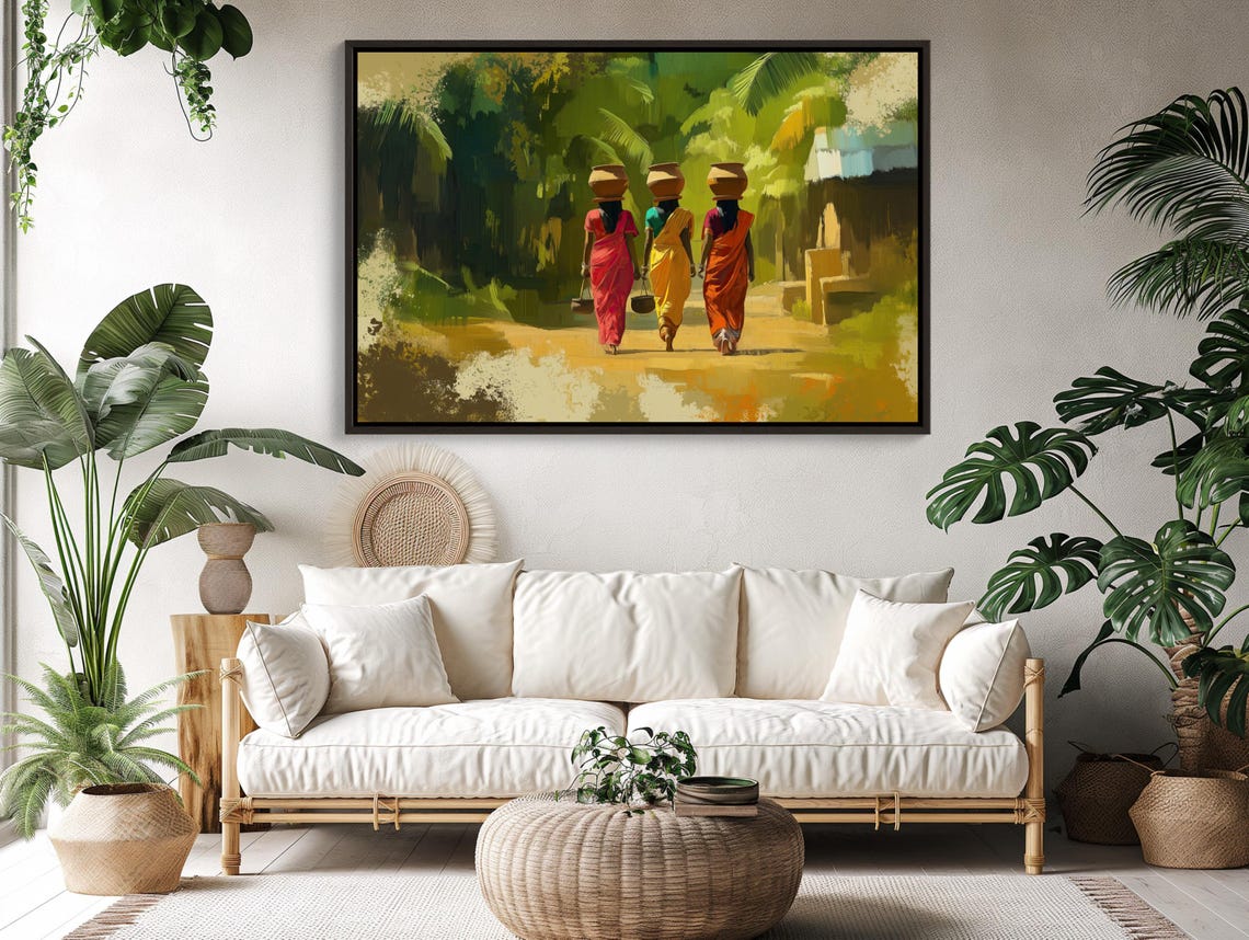 Three Village Women in Sarees Carrying Pots Abstract Art Poster - Image 5