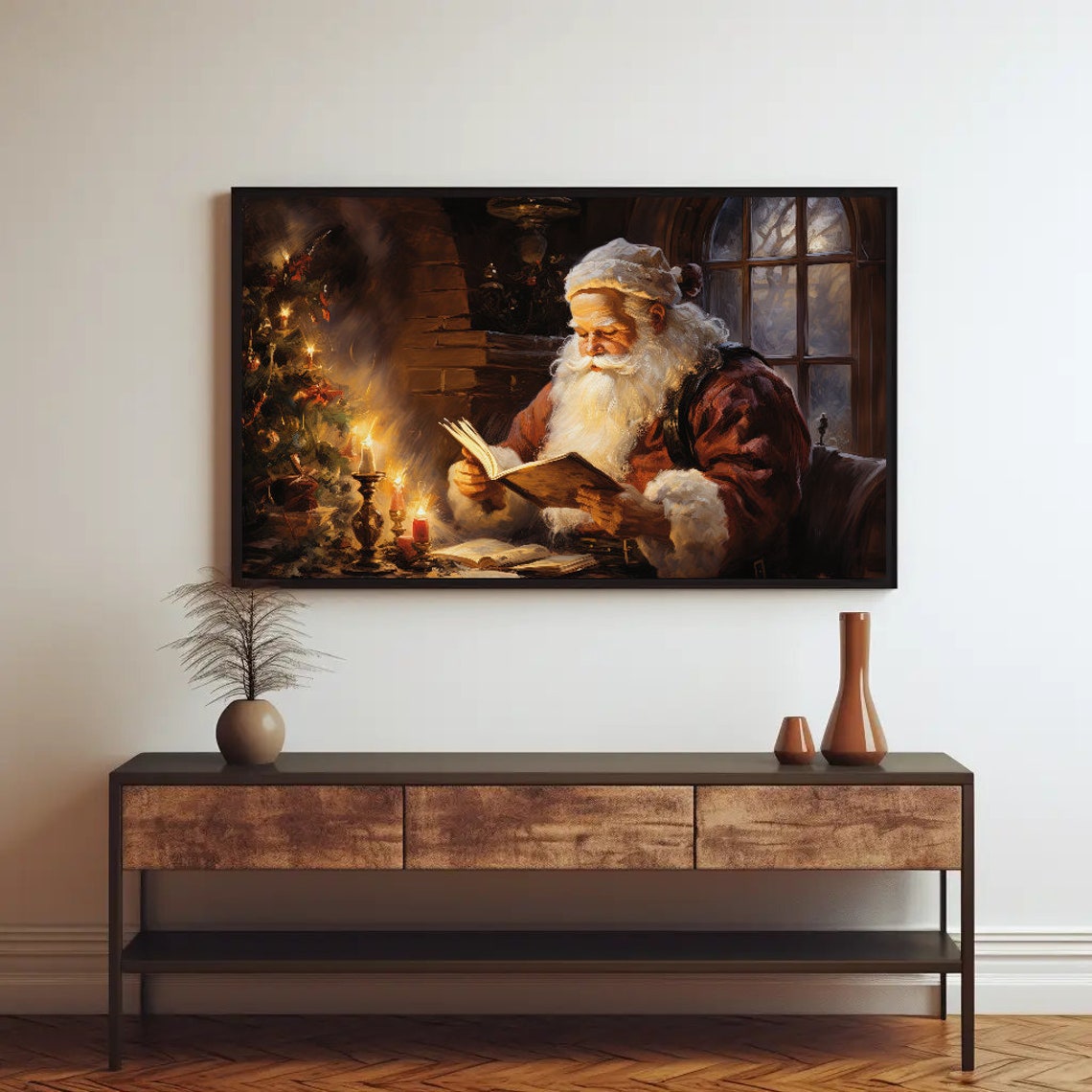 Santa Claus Reading Book Candlelight Christmas Eve Painting Poster - Image 3