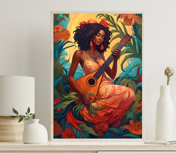 Tropical Woman Musician With Guitar Among Lush Leaves And Flowers Poster