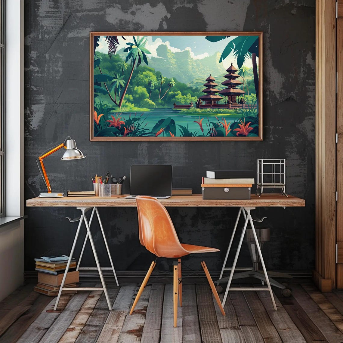Bali Temple Garden Lake Modern Illustration Tropical Travel Wall Art - Image 3