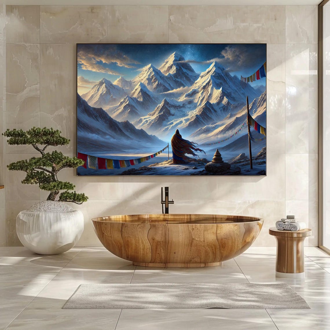 Snow Capped Himalayan Peaks Monk And Prayer Flags Sunrise Poster - Image 3