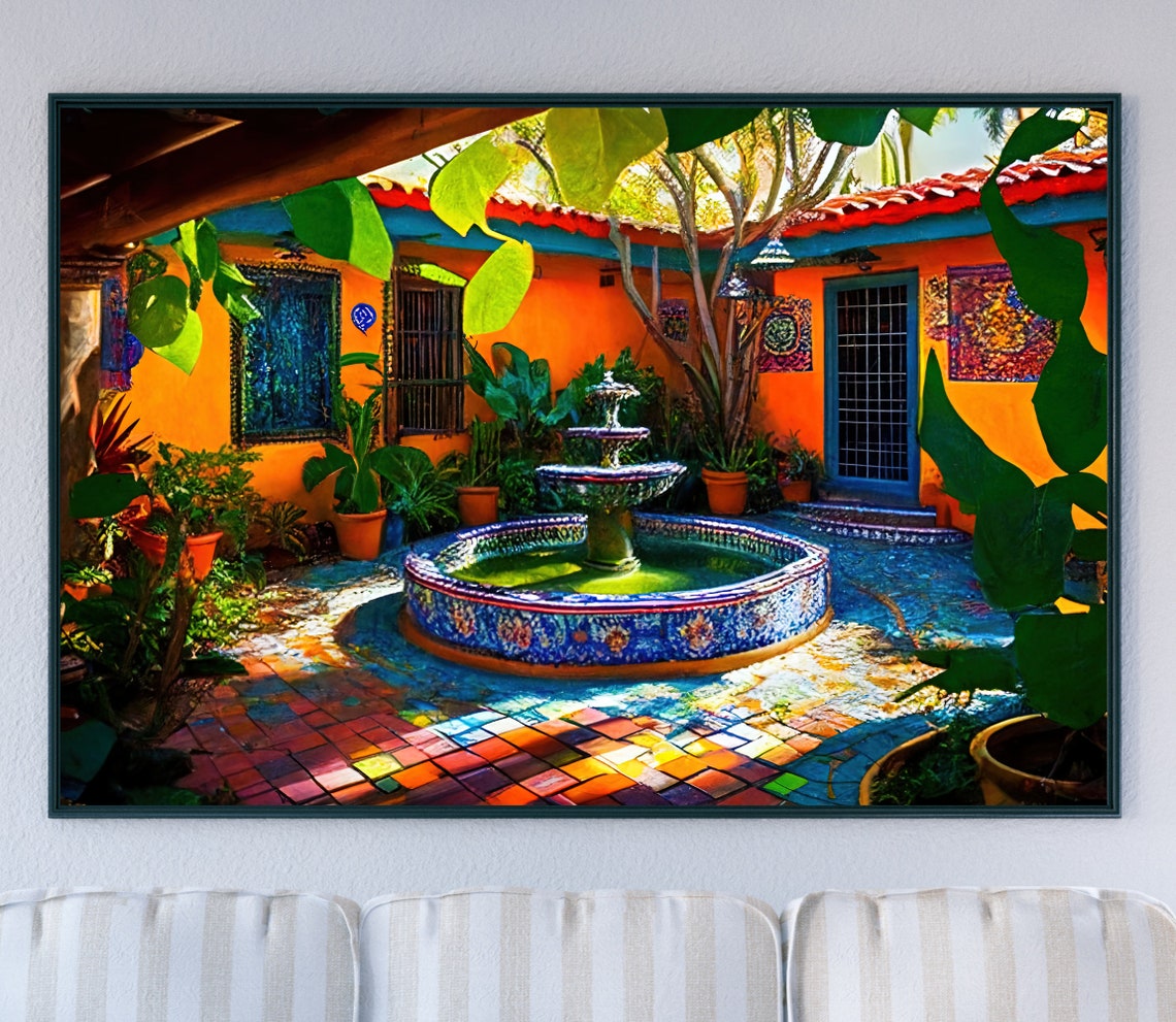 Mexican Courtyard With a Colorful Mosaic Tile Fountain Poster - Image 4