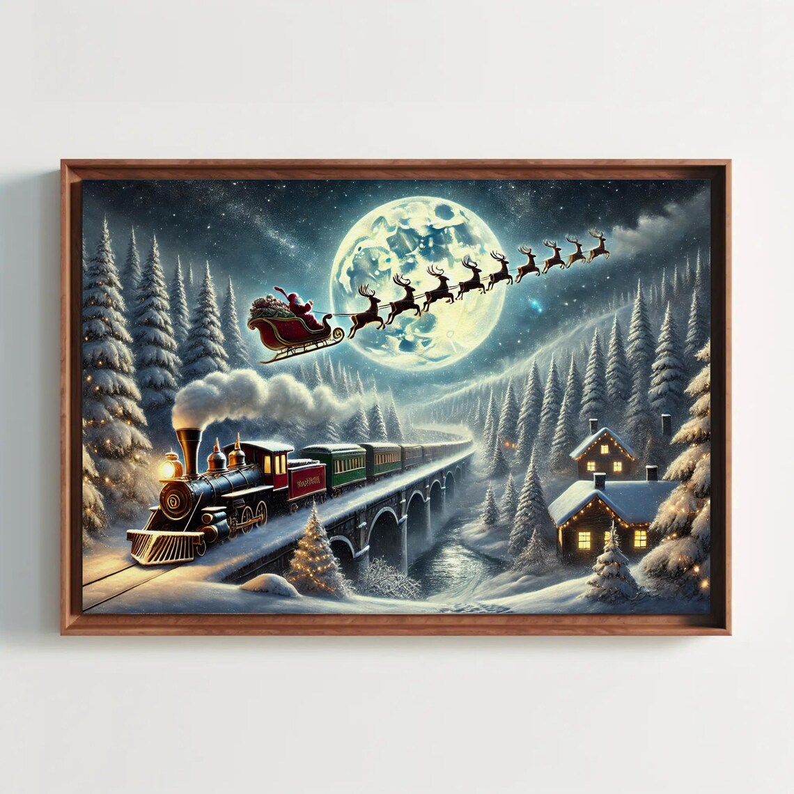 Santa's Sleigh and Christmas Train Holiday Art Print