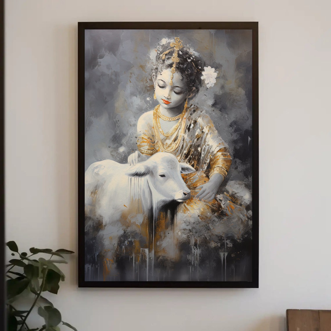 Child Krishna With White Cow Golden Grey Devotional Art Poster