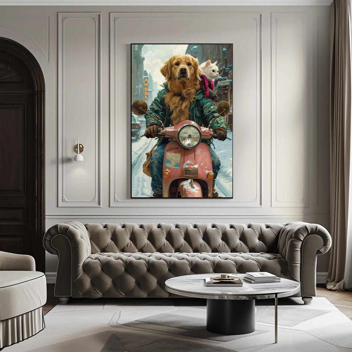 Golden Retriever Riding Pink Scooter Snow Cat Funny Animal Poster - Image 3