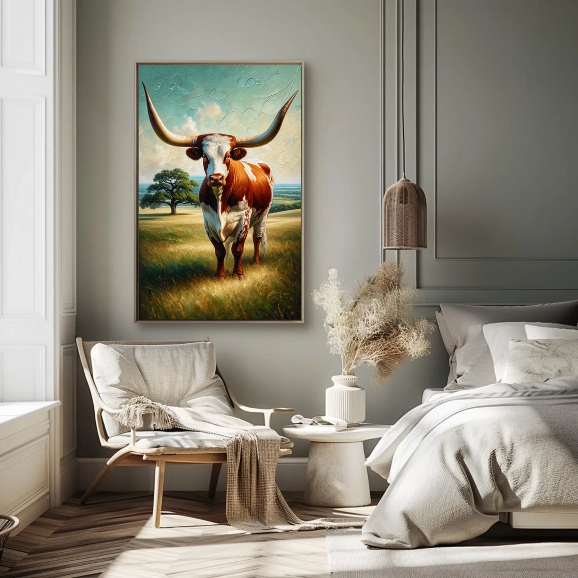 Texas Longhorn Cow In Golden Meadow Rustic Oil Painting Poster - Image 5