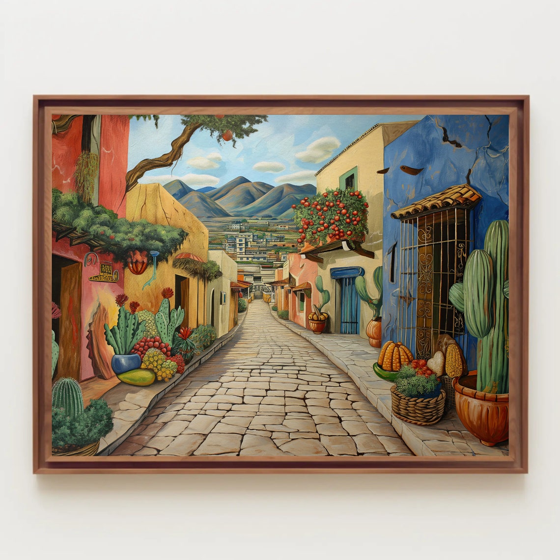 Mexican Cobblestone Street Colorful Houses Cacti Painting Poster - Image 5