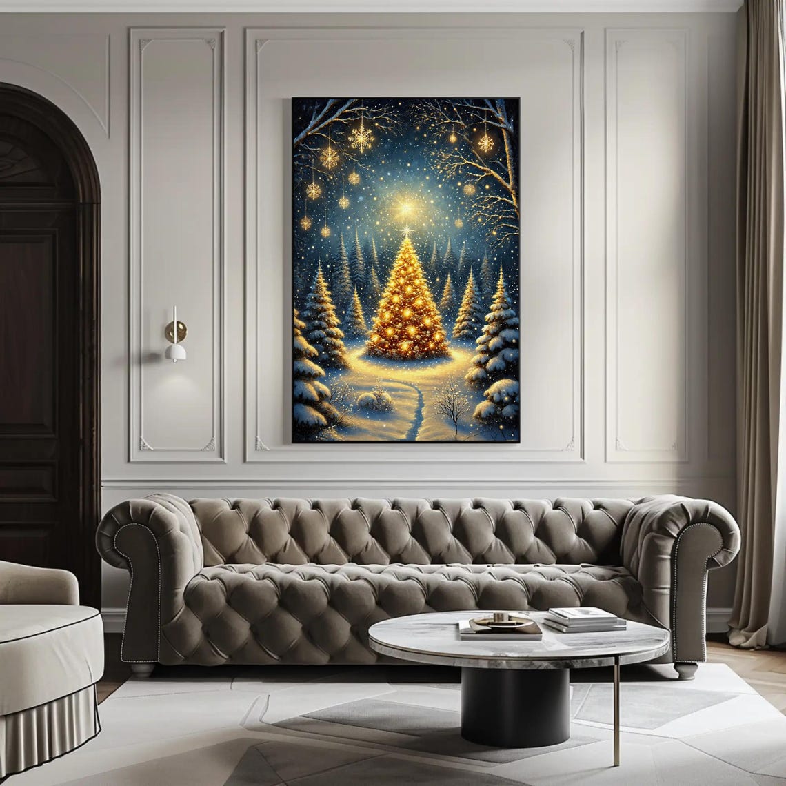 Glowing Golden Christmas Tree Sparkling In Snowy Night Forest Poster - Image 5