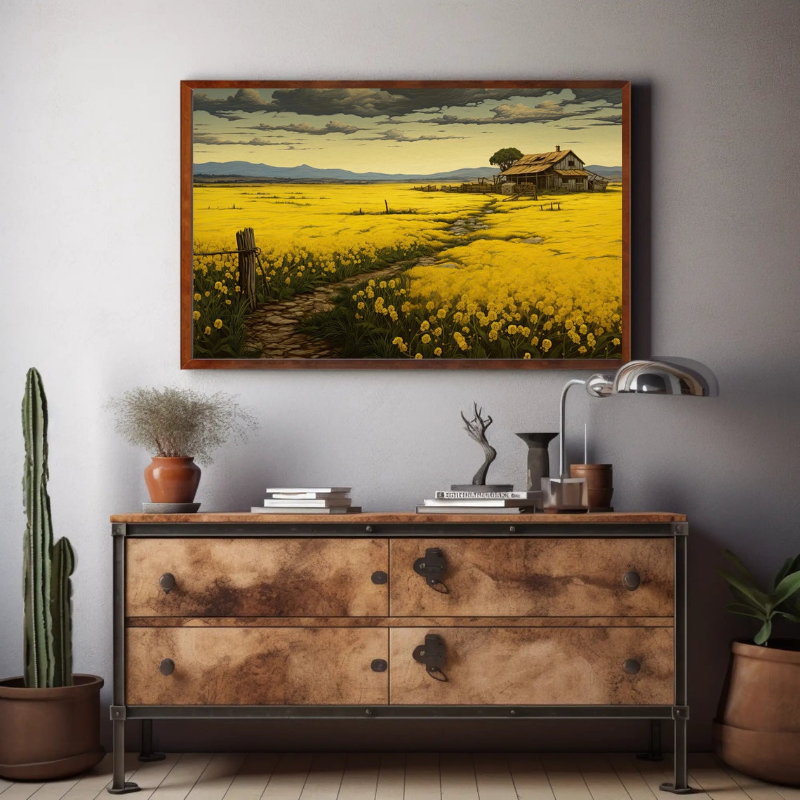 Mustard Field Farmhouse Stone Path Moody Yellow Landscape Poster - Image 2
