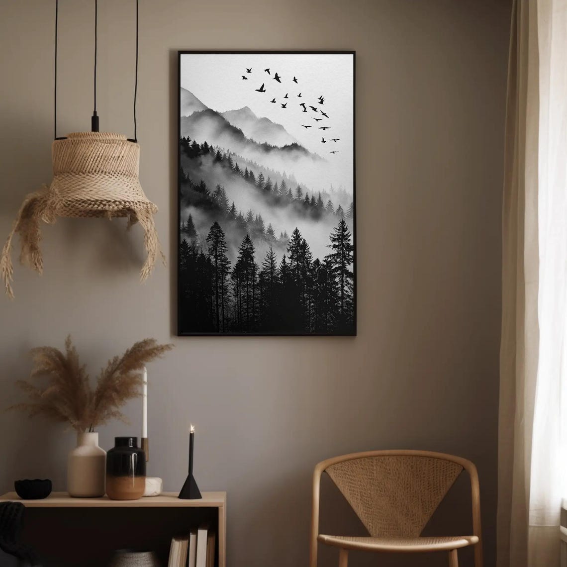 Misty Forest Birds Black White Watercolor Mountain Scenery Wall Art - Image 2