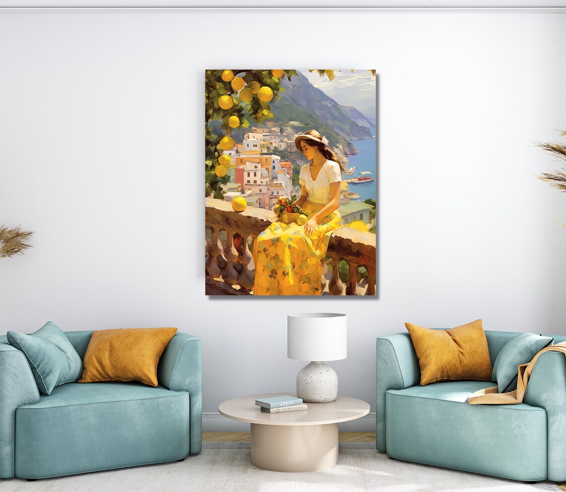 Woman in Yellow Dress on Lemon Tree Terrace Amalfi Coast Poster - Image 3