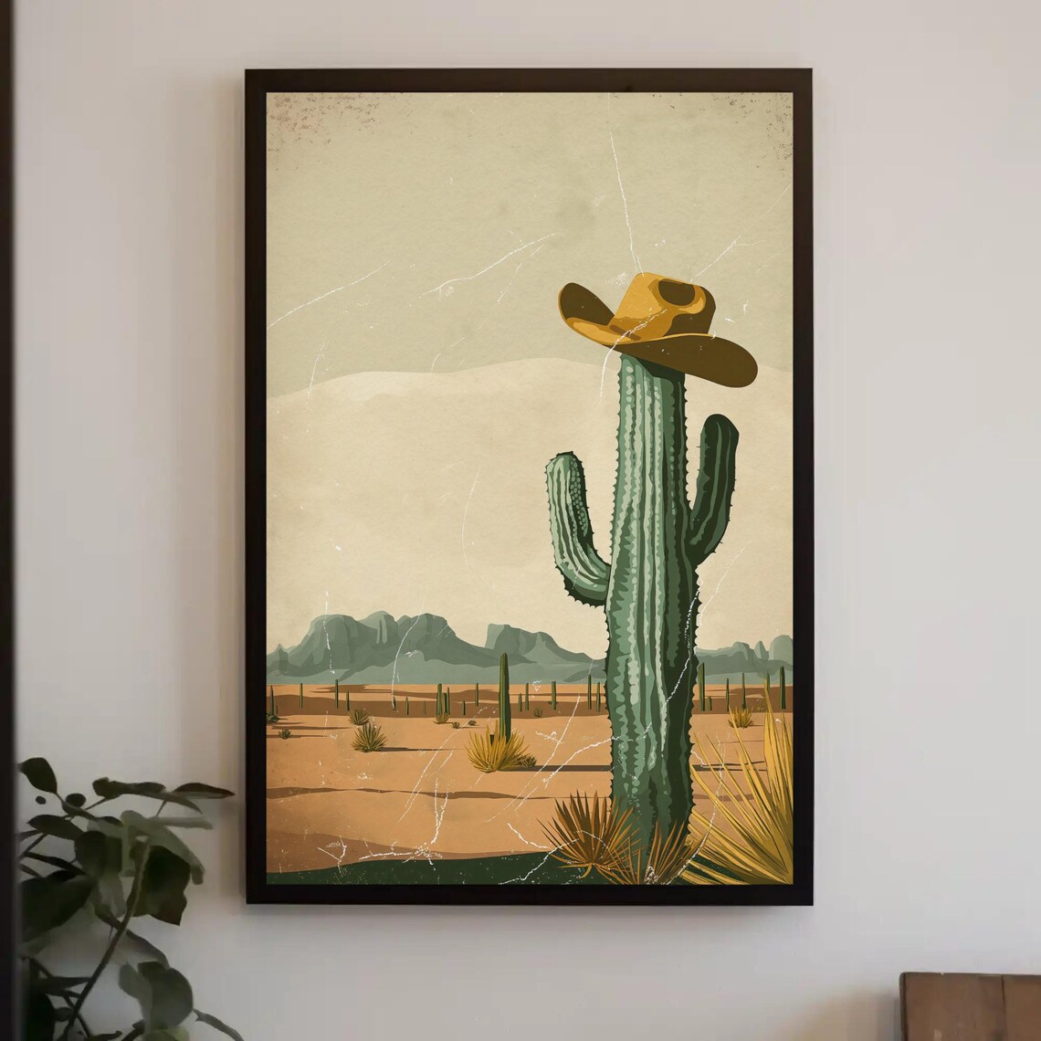 Saguaro Cactus Wearing Cowboy Hat Vintage Southwestern Desert Poster