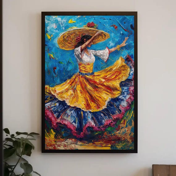 El Salvador Dance Oil Painting Salvadorian Girl Folk Dance Art Framed Ethnic Art For Living Room Bedroom Studio Ready To Hang