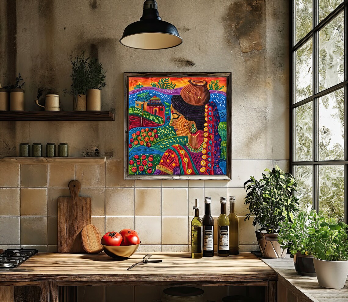 Indian Village Woman Embroidered Yarn Art Poster Water Pot on Head - Image 4