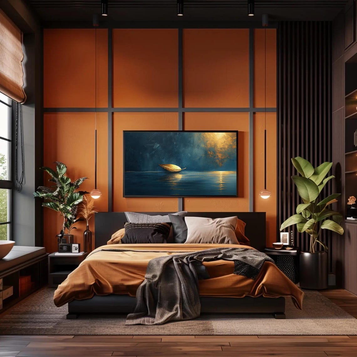 Golden Leaf Floating On Dark Blue Sea Minimalist Zen Calm Poster - Image 2