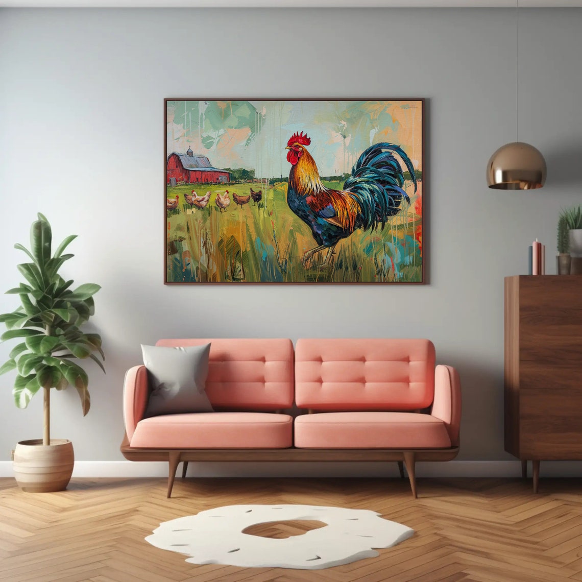 Proud Rooster With Hens Green Pasture Red Barn Painting Print - Image 2