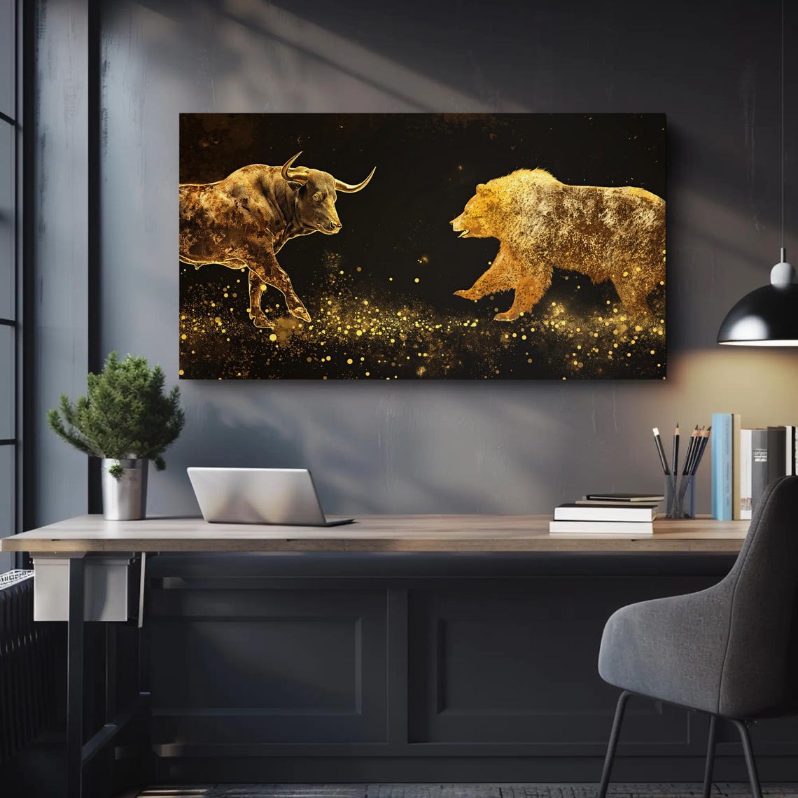 Shimmering Gold Bull Versus Bear Stock Market Art on Black Poster - Image 5