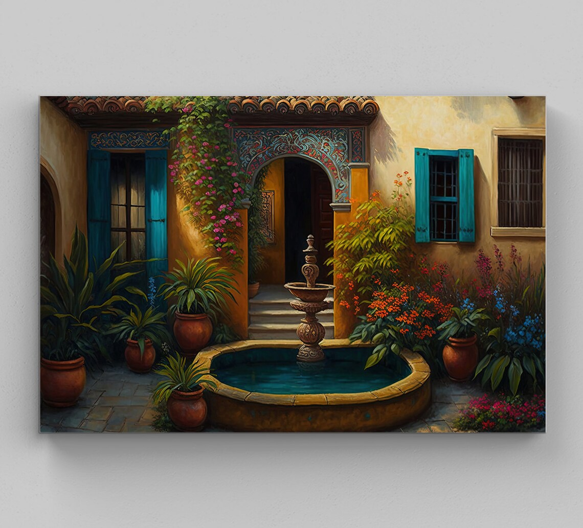 Mexican Courtyard Garden, Colorful Latino Art Print
