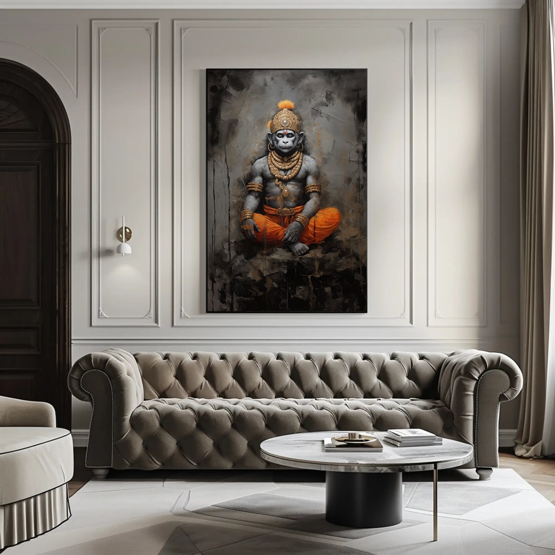 Lord Hanuman Meditating Hindu Deity Grey Gold Spiritual Poster - Image 2