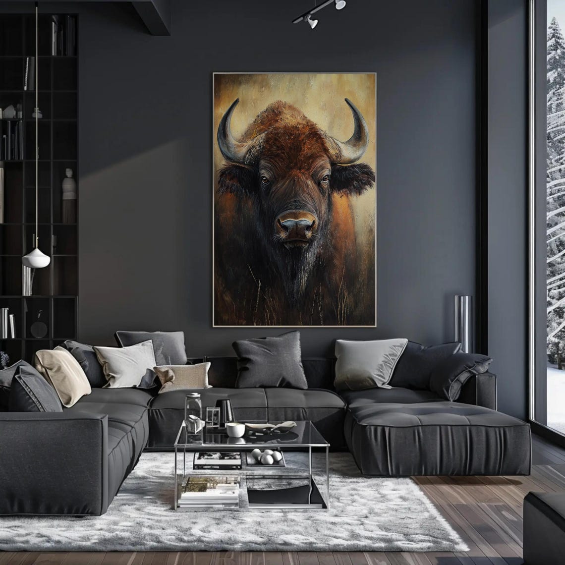 Powerful Bison Close-Up Portrait Rustic Earthy Oil Painting Poster - Image 3