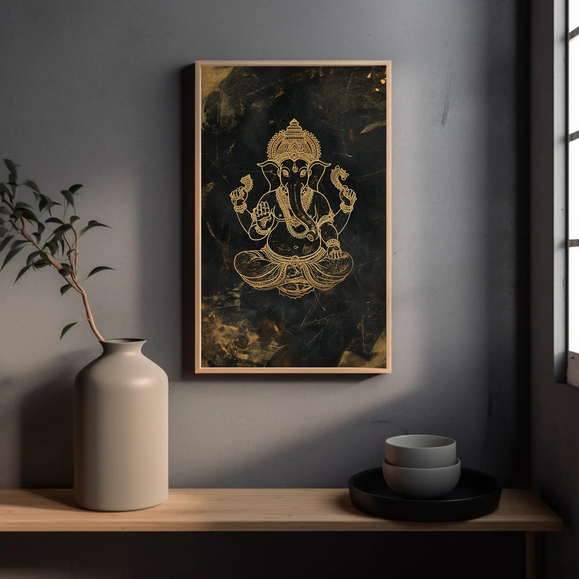 Gold Ganesha Line Art on Black Distressed Hindu God Wall Poster - Image 2