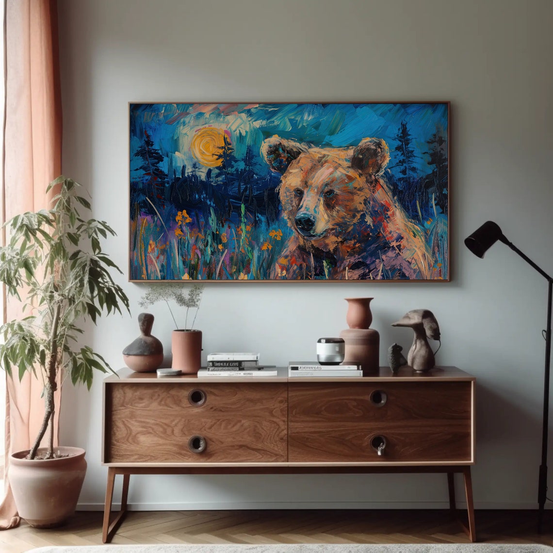 Brown Bear Wildflowers Starry Night Oil Painting Wildlife Poster - Image 5