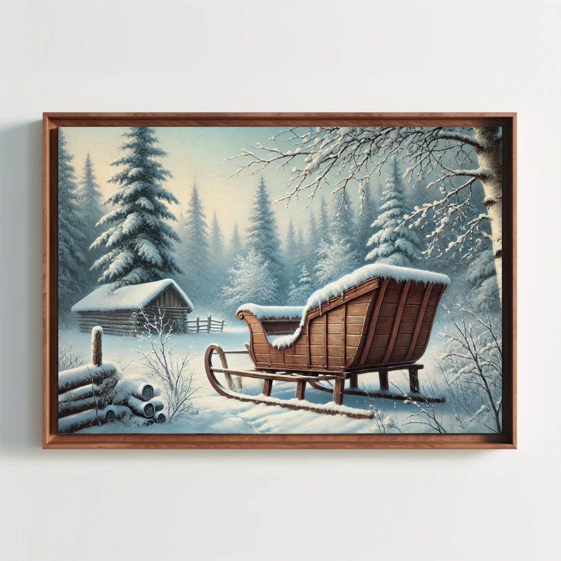 Vintage Wooden Sleigh In A Snowy Forest Cabin Winter Scene Poster