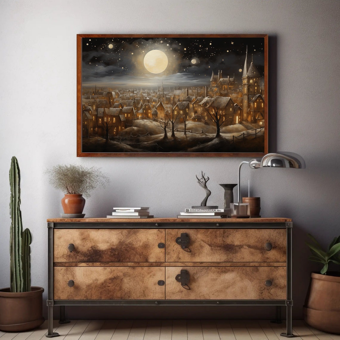 Christmas Eve Moonlit Town Panorama Winter Night Holiday Art Poster - Image 3