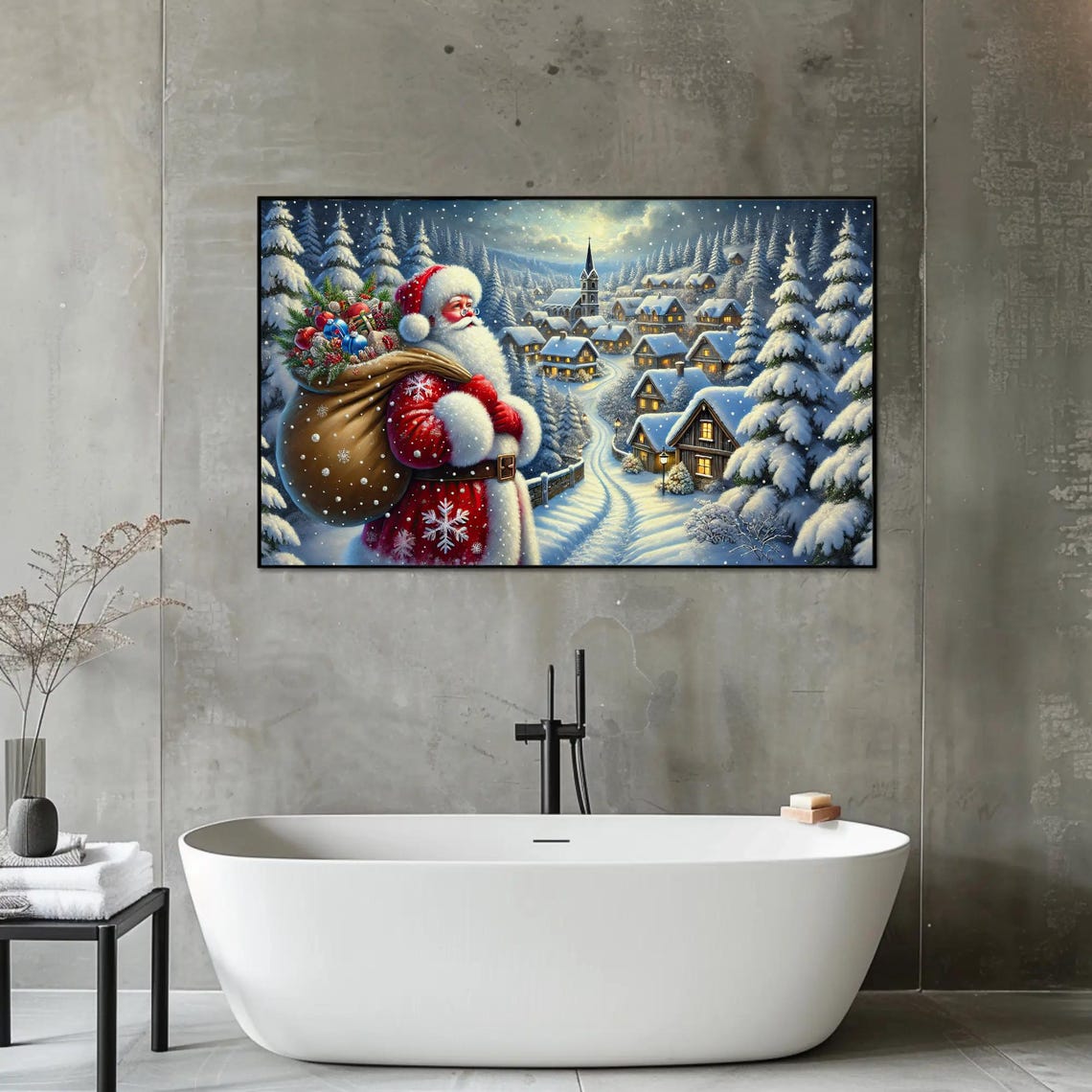 Santa Claus Overlooking A Snowy Christmas Village Night Poster - Image 3