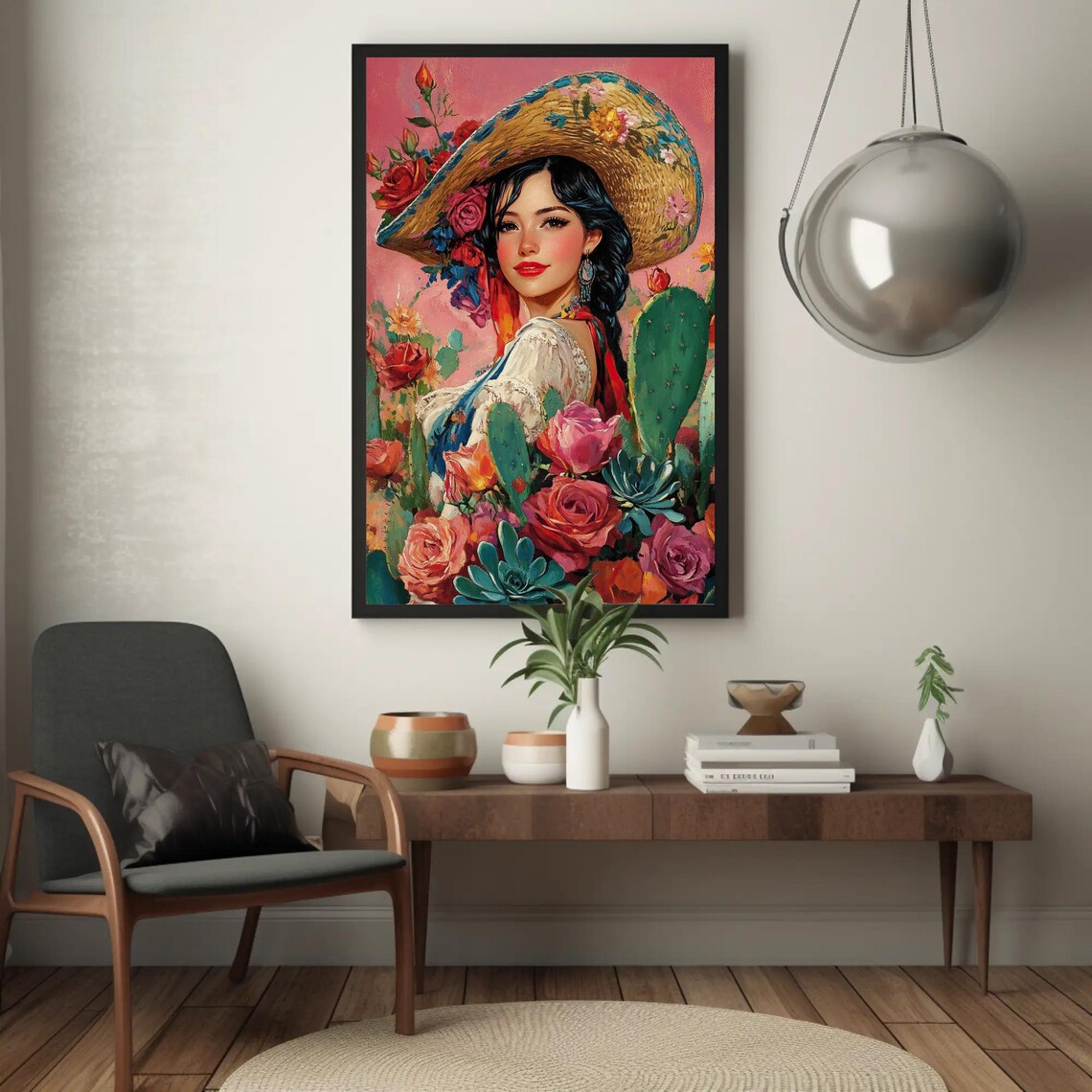 Mexican Cowgirl With Cacti And Flowers Print Colorful Mexican Home Decor Cultural Art For Mexican Girl Gift Ready To Hang - Image 4