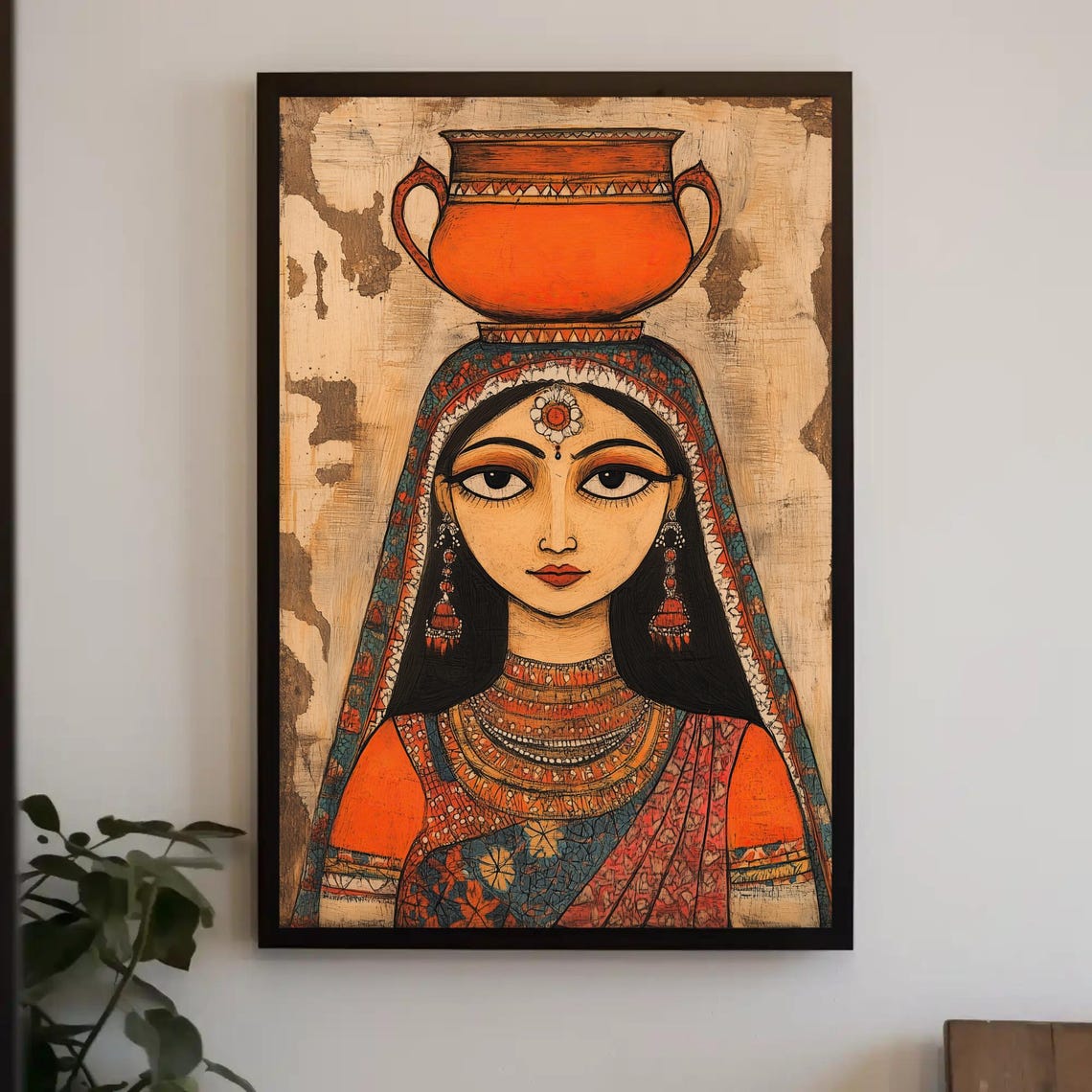 Traditional Indian Woman With Clay Pot Print Indian Folk Art Style Painting Vibrant Wall Art For Living Room Or Bedroom Decor