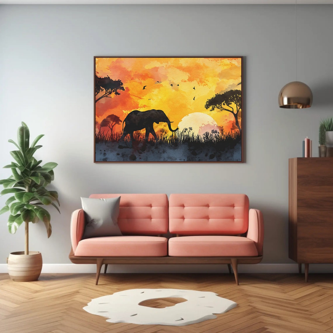 African Elephant Sunset Silhouette Savanna Watercolor Poster - Image 2