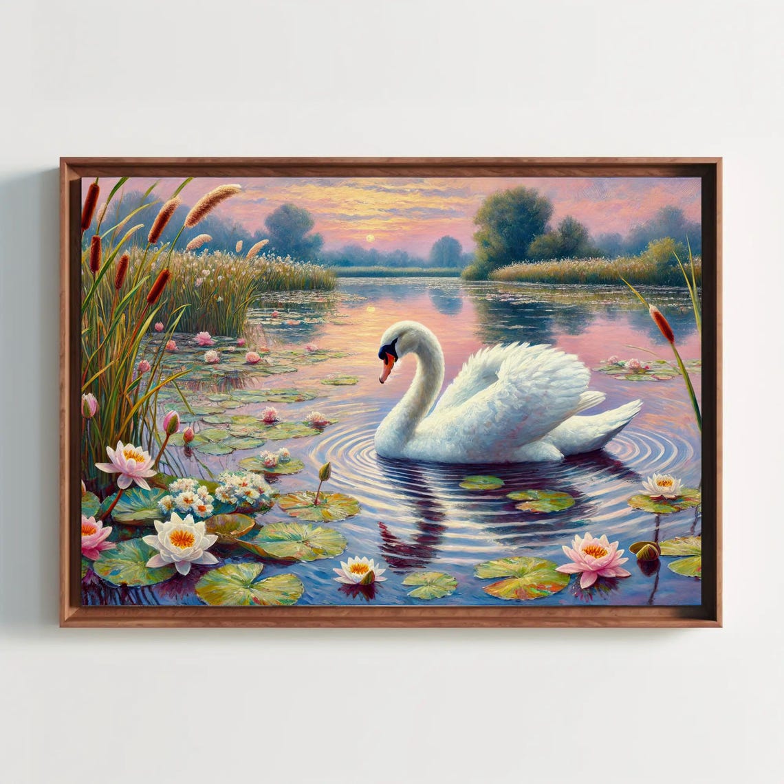Elegant White Swan On A Tranquil Lake With Water Lilies Poster