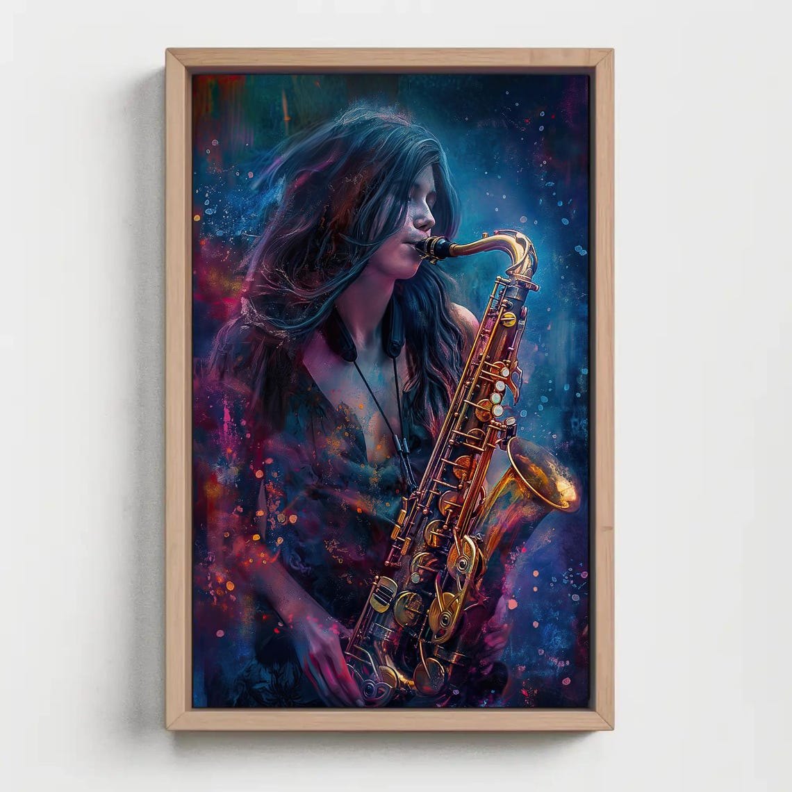Female Saxophone Player Neon Jazz Music Splash Portrait Artwork Poster - Image 5
